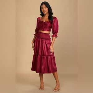 NWT Lulus Whirlwind Romance Burgundy Satin Floral jacquard Two piece set.